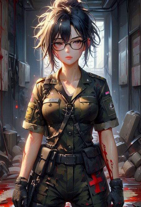FFROA, full body, 1girl, a soldier, perfect face, black gloves, torn ss uniforms, black messy hair, glasses, scar on face, blood on uniforms,