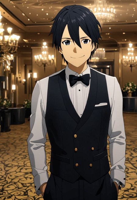 high resolution, professional photography, best quality, 1Boy, Kirigaya Kazuto, Black Hair, Black Eyes, overalldetail, ballroom, luxury hotel, tuxedo, smile, mysterious, confident, rich