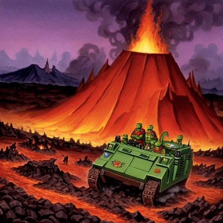 lizard people driving a green tank in a lava field, rhnoapc, military vehicle, ground vehicle, volcano, fire, magma, hot, steam, smoke, castle in background, 1980s fantasy art