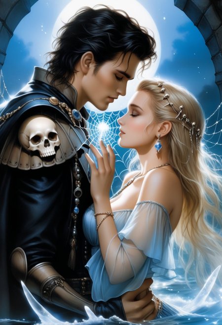 close up couple in love, 
art by luis royo Anita Malfatti Ellen jewett ocean spirit bones, 
spiderweb, 
skull, 
gemstone watercolor painting, 
Jean-Baptiste Monge style, 
bright, 
splash, 
rim lighting, 
lights, 
magic, 
fantasy, 
digital art, 
wlop, 
artgerm and james jean