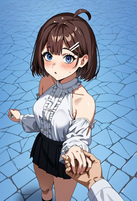 score_9,source_8, fidgeting,source_anime, Expressiveh, 1girl, 
HodLOR, short hair,on street, blue eyes, brown hair,  bangs, white hairclip, ahoge, hime cut, medium breasts, hourglass figure, short, petite, tight fitting clothes,thick thighs, tight fitting clothes, round butt, blushing,holding hands, solo focus, pov hands, out of frame,kiss, surprised, face closeup, from above, taller pov, shoulders, short skirt, high angle, downblouse