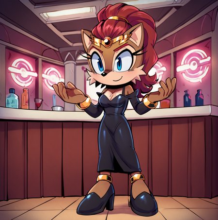 score_9, score_8_up, score_7_up, score_6_up, score_5_up, score_4_up,  <lora:Alicia_Acorn_r1:0.8>, aliciaacorn, 1girl, solo tiara, ponytail, indoors, smile,  body fur, brown fur, two tone fur, red hair, blue eyes, furry female, breasts, inside night club, wearing small tight black dress, high heels, neon lights, animal ears, animal nose, anthro, 
 <lora:TMoStH_v2-1:1> (tmosth), (flat color, black shading, sloppy coloring), hatching \(texture\)