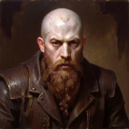 Dark-Fantasy-Cardd-V.2.0 style dark fantasy oil painting with detailed eyes that features a Dwarf, man with pale white skin, short posture wide shoulders, and long, massive red beard, the dwarf is wearing a leather armor and is looking at viewer direction