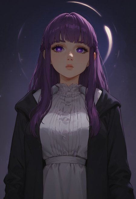 safe_pos, Expressiveh,
score_9, score_8_up, score_7_up, score_6_up, score_5_up, score_4_up, source_anime, BREAK
Fern_(Sousou_no_Frieren), purple_eyes, purple_pupils, purple_hair, long_hair, large_breasts, white_dress, black_robe, frills,
fantasy, portrait, fit body, thin waist, night moon lighting