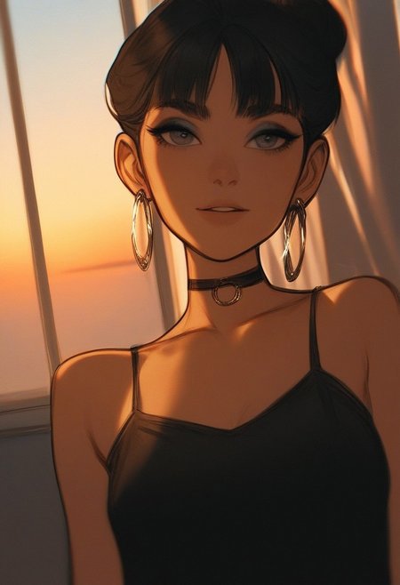 score_9, score_8_up, score_7_up, score_6_up, intricately detailed, (1girl), black hair hair, curvy body, 24 yo, gorgeous face and eyes, super cute, earrings, choker, black eyeliner, eyelashes, perfect skin, window, sunset, darkness, dynamic angle, indoors, BREAK, Black nightgown, gaze, eyeshadow, smokey eyes, VHS, sharpness, film grain, moles, Art8st, color theory,