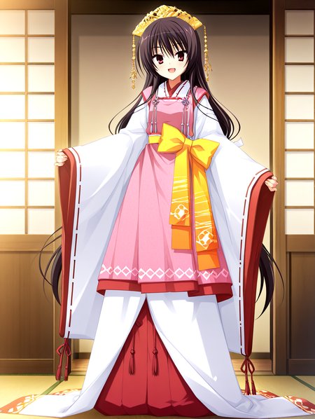 masterpiece,best quality,newest,absurdres,highres,detailed eyes,beautiful,detailed background,solo,perfect eyes,anime coloring,anime screencap,
nsfw,explicit,<lora:add-detail-xl:1>,<lora:ponyv4_noob1_2_adamW-000017:0.8>,wear clothes,
1girl,
looking at viewer,
doyagao,strong smile,open mouth,blush,
<lora:il-unohana-sakuya-KAMI>,il-unohana-sakuya,1girl,ukami outfit,solo,red eyes,very long hair,wearing a pure white furisode kimono with long flowing sleeves and a floor-length hem,layered with red and pink fabrics,a  pink upper long apron integrated into the outfit,shrine maiden ceremonial outfit,golden headdress,a large decorative yellow and orange bow tied diagonally across the front waist,elegant white gown with a trailing hem,a ceremonial deep red pleated inner garment trailing beneath the outer white kimono,