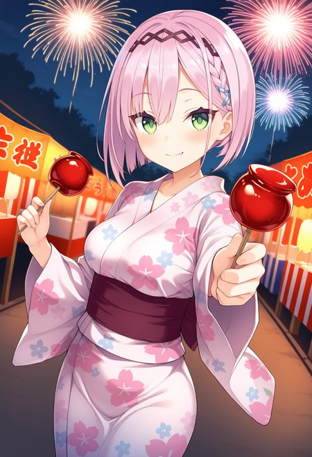 1girl, aaamane, pink hair, short hair, braid, hairband, hair ornament, hairclip, green eyes, fang, breasts, <lora:tanikaze_amane_ilxl_v1:0.9>, night, summer festival, outdoors, yukata, floral print, smile, fireworks, holding candy, candy apple, dual wielding, reaching, solo,
masterpiece, best quality, amazing quality,