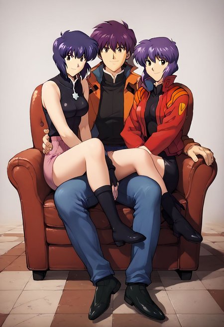 score_9, score_8_up, score_7_up, source_anime, BREAK multiple girls, 1boy, sitting, full body, smile, looking at viewer, couch, rating_safe, kusanagi motoko, EPngeKatsuragiMisato, stanpines,