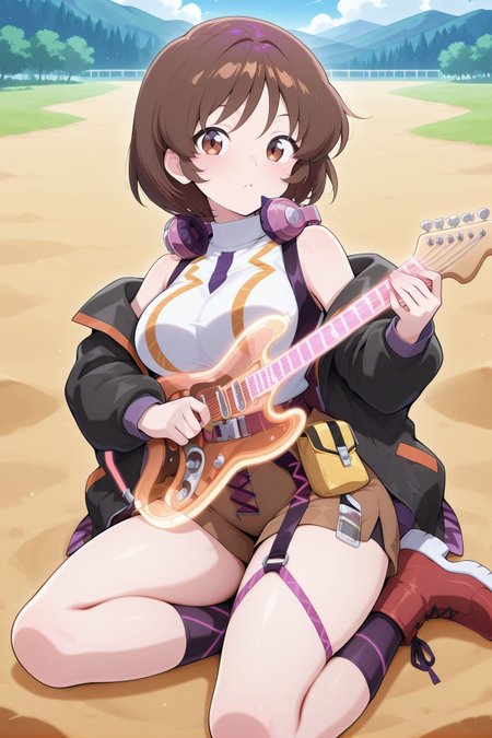 absurdres, highres, masterpiece, best quality, amazing quality, official anime artwork, screencap, anime screencap, outdoors, looking at viewer, day, sitting, 
 <lora:Tsukomo-Yatsuhashi_Illustrious:1> tsukumo yatsuhashi, 1girl, solo, brown eyes, brown hair, short hair,, tsukumo yatsuhashi \(device driver lil' sis\), alternate costume, headphones around neck, brown headphones, black jacket, open jacket, long sleeves, off shoulder, sleeveless, white shirt, sleveless shirt, turtleneck, brown shorts, asymmetrical legwear, belt, harness, pouch, strap, red boots, instrument, playing,