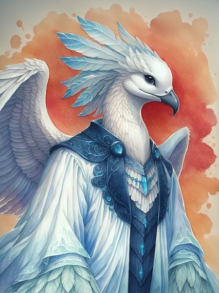 score_9,score_8_up,score_7_up,score_6_up,(a noble anthro_cockatoo with white_wings and a black_beak)(aquamarine turqoise robe)(bird) (portrait) black eyes,white feathers,cockatoo,crest,majestic,elegant,etheral,magical,masterpiece,highest quality,sharp,outline,fluffy feathers,illustration,oil painting,watercolor,colorful background,animal,nature,<lora:PonySpiritAnimals:0.8>,<lora:Desolation:0.3>,<lora:LineArt Mono Style LoRA_Pony XL v6:0.5>,