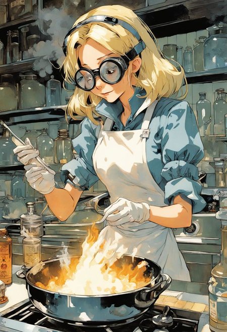 Anime Artwork,  Disney Alice in Wonderland cooking in a meth lab,  wearing chemist goggles,  art by Makoto Shinkai,  art by J.C. Leyendecker