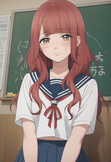 score_9, score_8_up, score_7_up, source_anime, kanno serina, red hair, long hair, brown eyes, 1girl, school uniform, solo, blush, serafuku, looking at viewer, blunt bangs, indoors, sailor collar, chalkboard, blue sailor collar, closed mouth