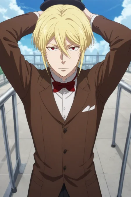 score_9, score_8_up, score_7_up, source_anime, rating_safe, intricate details, anime screencap, anime coloring, , looking at viewer, , 1boy, solo, male focus, <lora:william_james_moriarty_pony:0.76>, william_james_moriarty, blonde hair, red eyes, short hair, hair between eyes, top hat, , from above, hospital, day, clouds, arms above head, nervous, patriotic costume, <lora:sdxl_lightning_8step_lora:1>