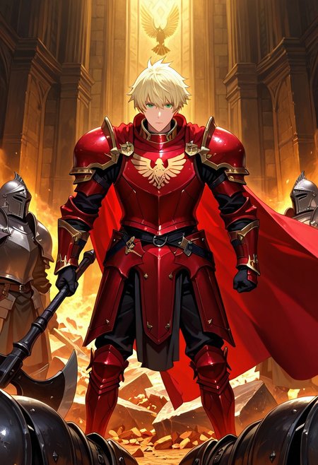hush_middy, green eyes, light blond hair, 1boy, solo focus, he is dressed in a suit of red iron platemail, Break, he is holding up a black coloured axe, white-lined in axe, Properly holding the axe, his armour bears a crest of a yellow eagle, fantasy armour, stylized silver eagle emblems and symbols on armour and sheild, Break, epic background is a a beautiful palace, a strong wind is blowing his cape, heavy plate armour, red-whited coloured armour, detailed draw, detailed eyes, high quality, best quality, high definition