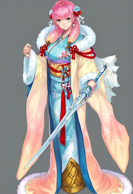 1girl, snowflakes, pink hair, solo, japanese clothes, hair ornament, fur trim, kimono, full body, weapon, long hair, wide sleeves, simple background, multicolored hair, sword, smile, looking at viewer, grey background, jewelry, flower, blue eyes, hair flower, gradient hair, earrings, sash, snowflake print, breasts, long sleeves, holding, standing, holding weapon, obi, bangs, aqua eyes, closed mouth <lora:yoshikuXL_NBVP1_lokr_V6311P:0.95>