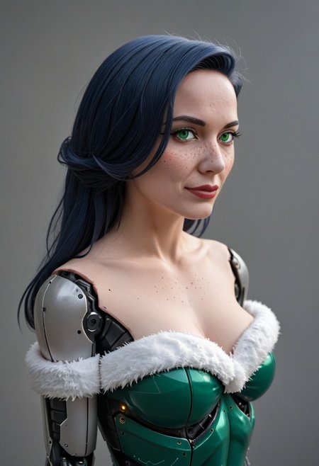 A 35mm photo of  two beautiful 20 year old woman, they are humanoid robots , robotic body, emerald green robotic eyes, freckles, smooth featureless silver grey robotic skin, robotic aerials, metallic dark blue hair, elegant red Christmas satin dress with white fur trim, 
TheFaceLess, noface, cyborg