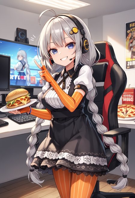 score_9, score_8_up, score_7_up, 
 <lora:KizunaAkari_MMD_Pony_V1:0.95>blue eyes, grey hair,  ahoge, twin braids, braid, very long hair, hair ornament, hair tubes, headphones, headset, 
black dress,  lace-trimmed dress, short sleeves, puffy sleeves, 
orange gloves, striped gloves, elbow gloves, fingerless gloves, bracelet, 
orange pantyhose, striped pantyhose, 
star print, star (symbol), vertical stripes, 
from front,, looking up,, Portrait,,
Streamer room, gaming chair, gaming PC, game equipment, controller, TV monitor, PC monitor, headphones, headset, anime poster, game poster,foods, Holding food ,hamburgers, pizza, french fries, junk food,
smile,cowboy shot ,huge brests,
smug, smirk, blush,peace sign,