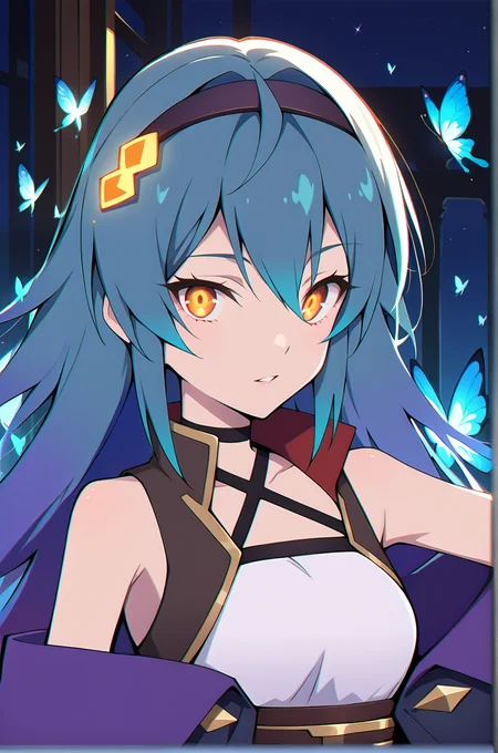amber eyes, parted lips, bright blue hair, looking at viewer, (dark night:1.4), (small blue glowing butterflies:1.1)  <lora:backgroundon:1>