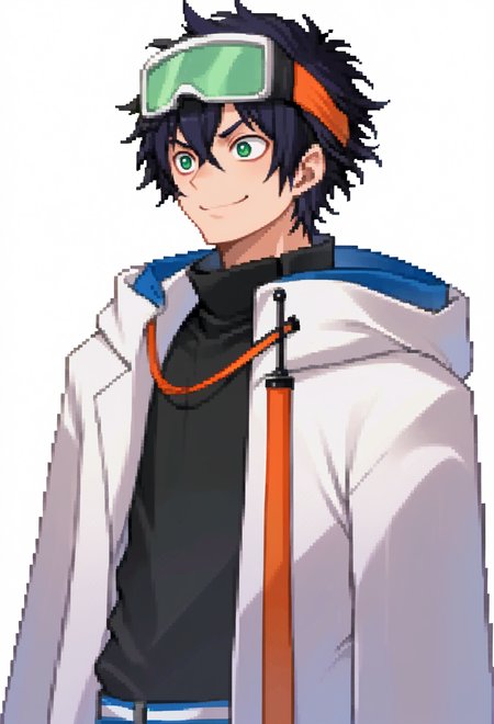 score_9, score_7_up, source_anime, (solo:1.3), BREAK  <lora:zs_DevilSurvivorPortraitsXL:1> devilsurvivorportraits, portraits, white background,, smile, 1boy, green eyes, short hair, black hair, bangs, hair between eyes, messy hair, (goggles on head:1.2), headband, white coat, hooded coat, hood down, open coat, black turtleneck, capri pants, layered pants,