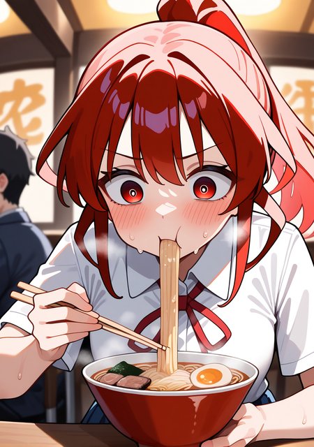masterpiece, best quality, absurdres, perfect lighting,shiny skin,<lora:spo_sdxl_10ep_4k-data_lora_webui:0.7>,1girl,hiroe,red hair,ponytail,bangs,red eyes,tareme,<lora:hiroe_illu:1>,white shirt,collared shirt,short sleeves,blue skirt,pleated skirt,long skirt, school uniform,red neck ribbon,sweat,blush,,skiny skin, oily skin,depth of field,restaurant,ramen,noodles,steam,food, eating,holding chopsticks,desk,steam,crazy eyes,pout,face focus,upper body,looking down,saliva,heavy breathing,