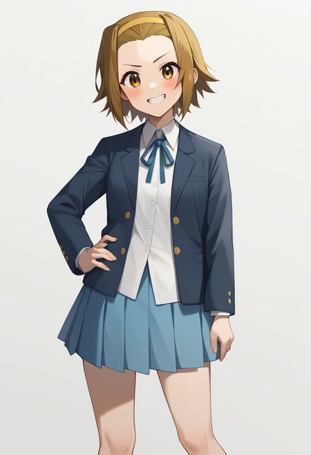 score_9,score_8_up,score_7_up,<lora:tainaka_ritsu_pony:1>,1girl,neck_ribbon,tainaka_ritsu,long_sleeves,blue_jacket,sakuragaoka_high_school_uniform,hand_on_own_hip,yellow_hairband,blue_skirt,blush,winter_uniform,white_shirt,simple_background,white_background,absurdres,highres,grin,commentary_request,solo,