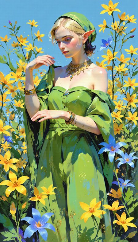 pscho_4rt,mythp0rt,very wide angle, put subject further away, small subject, A digital illustration shoot from a profile camera angle about a fantasy character standing amidst a vibrant field of flowers, wearing a green headscarf and jewelry. the image also shows a fantasy theme. on the middle of the image, a young woman appears to be in her early twenties, with short blonde hair and pointed ears, standing in a field of yellow and blue flowers. she is facing away from the viewer, with a serene expression on her face. her body is slim, and she is wearing a strapless dress with a green scarf tied around her head, along with a necklace and earrings. her hair is styled in short hair, and her eyes are closed, giving a sense of calmness to the scene. the background is filled with a bright blue sky, and the overall color palette is vibrant with shades of yellow, blue, and green. the woman is positioned in the middle, with her upper body visible, and is holding the green scarf with both hands. the overall style is reminiscent of fantasy art, with intricate details and a soft, ethereal quality.  1girl, solo, breasts, looking at viewer, blonde hair, dress, jewelry, bare shoulders, standing, full body, flower, outdoors, earrings, sky, day, necklace, pointy ears, bracelet, blue flower, yellow flower, lily, elf, green head scarf  camera_angle: profile, art_style: digital illustration, location: flower field, background: a field filled with yellow flowers, blue flowers, text: NA, distance_to_camera: upper body, clothing: green dress, image_composition: middle, pants: NA;NA, accessory: earrings;green head scarf, shoes: none, action: standing, facing_direction: facing away;facing away, eye_direction : NA;looking to the side, facial_expression: serene, ear: elf ear; NA;pointed ears, eye color: light skin, gender: 1woman;1woman, hair_color: blonde hair;light skin, hair style: short hair;short hair, race: light hair, body: slim