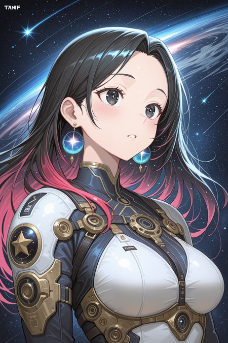 lazympos, by shijima (tanfn), 1girl, solo, multicolored hair, jewelry, earrings, parted lips, black eyes, long hair, blush, space, artist name, upper body, star (sky) <lora:TrendCraft_The_Peoples_Style_Detailer-v1.0A-3_13_2025-illustrious:0.2>