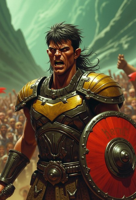 exaggerated, dynamic-pose action, High-quality, saturated backlit well-lit-eyes piercing-eyes, natural-lighting, light reflected in eyes,
 BREAK, 
The subject is a cosmic Saint Seiya style superhero with sword and shield, hard features, fierce expression, mix of ancient Greek warrior and a scifi power armour, armor clad warrior man, Greek inspired, lean but muscular, clenching teeth in exhaustion, a cheering crowd in the background, 
BREAK, 
detailed background, great lighting, atmospheric lighting,
the background features a greenish but mostly dead mountainous landscape.