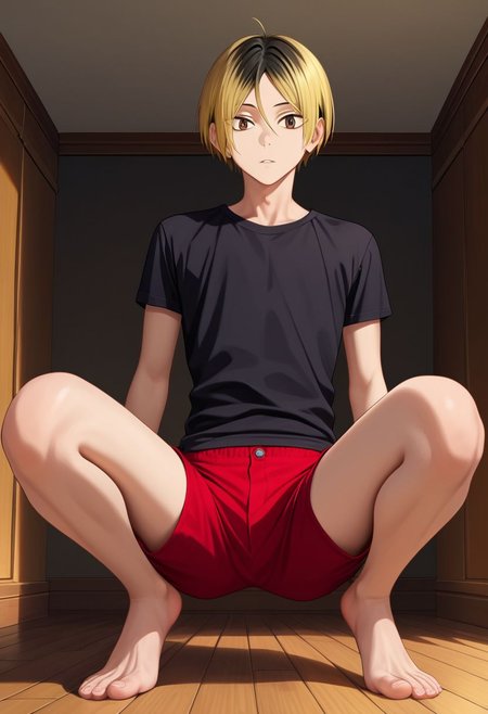 score_9, score_8_up, score_7_up, (1boy, solo), male focus, (slim), kenma, blonde hair, multicolored hair, two-tone hair, black hair, brown eyes, bangs, clavicles, black shirt, red shorts, short shorts, crouching, expressiveh, derpibooru_p_95, detailed eyes, Dutch angle, looking down at viewer, rating_explicit, yaoi, sexually suggestive, intricate detail, masterpiece, best quality, best aesthetic, short height, petite, otoko no ko, source_anime, bare legs, thick thighs, wooden floor, from below,