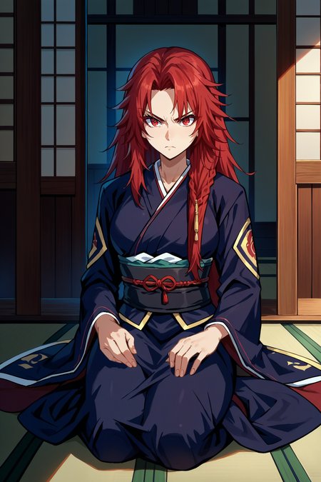 score_9, score_8_up, score_7_up, score_6_up, source_anime, 1girl, solo, <lora:irismidgar-pdxl-nvwls-v1-000004:1> irsmdgr, red hair, long hair, braid, red eyes, breasts, black kimono, sash, sitting, kneeling, indoors, japanese house, looking at you, serious
