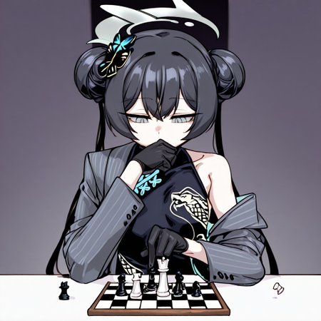 masterpiece, best quality,
 <lora:doppel:1> d0pp3l, kisaki-default, kisaki \(blue archive\),grey eyes,black hair, double bun,twintails,halo,grey jacket,china dress,pelvic curtain,high heels,black gloves, 1 girl, solo female, thinking hard, looking down at chess board, covering mouth with one hand, at the other side of the table, playing chess on table, focus at the chess game, sitting down, white chess piece, black chess pieces