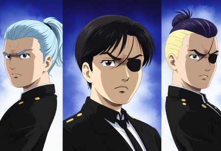 detailed background, 
 <lora:cromartie.pony:1>,
cromartie, 3 boys, 
shade face,eye patch,masamune