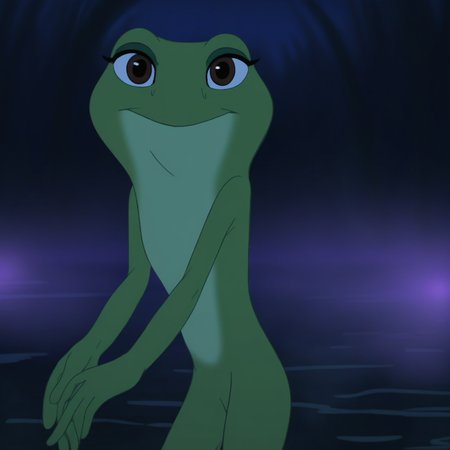 Tiana (Frog), solo, 1girl, female, frog, standing, brown eyes, eyeliners, looking at viewer, smiling, night, purple lighting, swamp background,