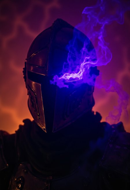 dramatic close-up shot of a medieval knightess polished helmet where the eyes slit radiates a warm, blue/purple light, casting an eerie, flickering glow, swirling energy or otherworldly light, casting dramatic shadows and highlighting the intensity of the knights power. nelisty, dystujo, nelisty