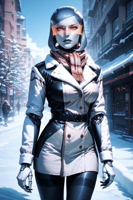 score_9, score_8_up, score_7_up,
<lora:MEEdi:0.8>
MEEdi, 1girl, android, android joints, metallic skin, looking at viewer, winter clothes, scarf, gloves, black pantyhose, snow, outdoors, city, standing, cowboy shot
