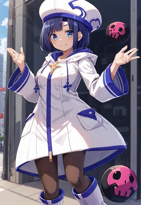 safe_pos, source_anime, score_9,score_8_up, score_7_up,score_6_up, 

1girl, 

sn0w_wh1t3_ms, order_fit, blue hair, short hair, blue eyes, medium breasts, white headwear, white dress, white hoodie, hood down, long sleeves, zipper, zipper pull tag, pantyhose, white boots, bombs
 
dynamic pose, cowboy shot, smile

city