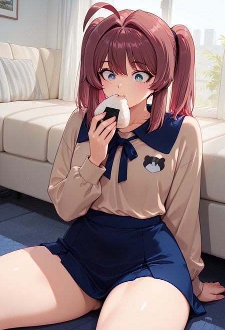 1girl, solo, masterpiece, best quality, newest, absurdres, CG, anime, source anime, illustration,  nyalia lora:Someone_Stop_Her_-_Manhwa__Illustrious:1>
BREAK 1girl, solo, Lynn Yu,brown hair, ahoge, black diadem, multicolored eyes, magenta eyes, black eye pupils, twin ponytails
beige shirt, black shirt collar, blue short skirt
inside, sofa, window, sitting on the floor, looking at viewer, surprised, eating onigiri
cinematic angle, alternate angles, alternate detailed background, beautiful background, (rays light:1.0),(grow:1.0)