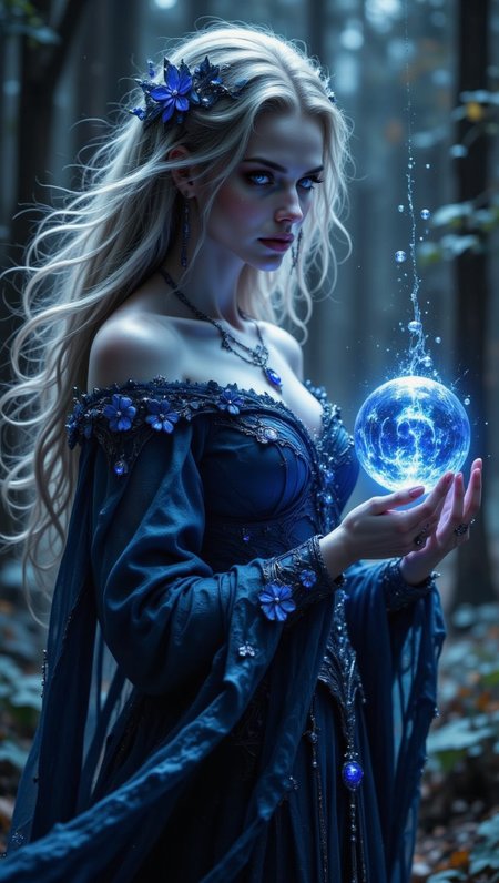 pinkdarkfantasy,
 A mystical woman with silver-dusted hair and deep violet eyes that glow under the moonlight. She wears a flowing indigo gown adorned with orchid motifs, as faint magical mist swirls at her fingertips.