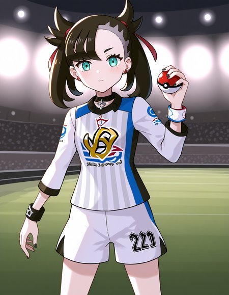 score_9, <lora:sdxl_lightning_8step_lora:1> source_anime, rating_safe BREAK 1girl, marnie \(pokemon\), 
<lora:ponyxl-character_gloria_gym_challenge:1> , gym challenge uniform, white shirt, striped shirt, long sleeves, white shorts, (number print:1.2), wristband, 
stadium, crowd, spotlight, holding poke ball \(basic\),