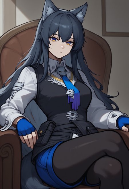 anime, masterpiece, best quality, <break> solo, 1girl, txsomrts, wolf tail, expressionless, looking at viewer, sitting, chair, crossed legs, arm rest, long hair, black hair, hair between eyes, animal ears, animal ear fluff, gradient eyes, yellow eyes, blue eyes, black vest, belt pouch, white shirt, collared shirt, blue necktie, long sleeves, blue gloves, fingerless gloves, blue shorts, short shorts, black pantyhose, indoors
<segment:yolo-Anzhc Face seg 640 v2 y8n.pt,0.4,0.5//cid=1>