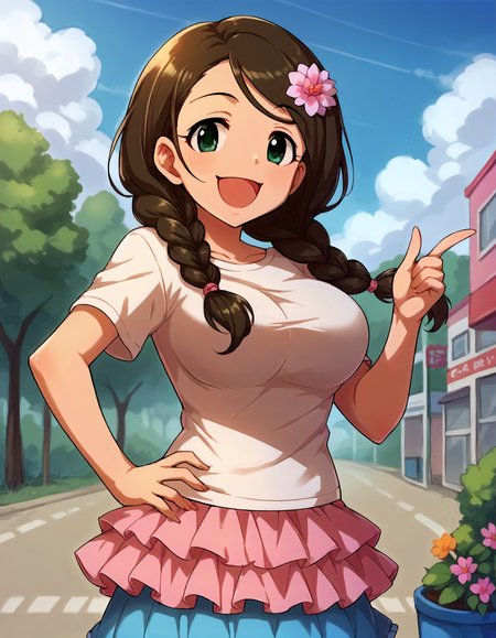 score_9,score_8_up,score_7_up,1girl,solo,cowboy shot,smile,open mouth,looking at viewer,hand on hip,outdoors,
<lora:akanishierika_ponyXLV6:0.8>,cgae,
brown hair,twin braids,green eyes,large breasts,
hair flower,T-shirt,frilled skirt