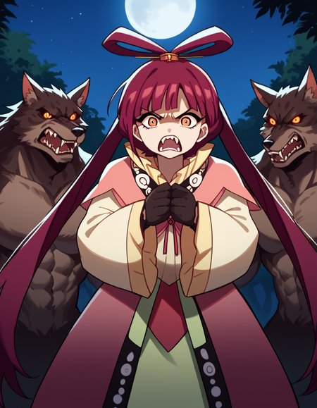 score_9, score_8_up, score_7_up, source_anime, <lora:kougyoku-ren-s1-ponyxl-lora-nochekaiser:1>, kougyoku ren, long hair, red hair, hair rings, twintails, bangs, blunt bangs, orange eyes, medium breasts,, <lora:werewolf-ponyxl-lora-nochekaiser:1>, werewolf, furry, fangs, animal ears, gloves, angry, teeth, animal ear fluff,, forest, night, moon, open mouth, , dutch angle, cowboy shot