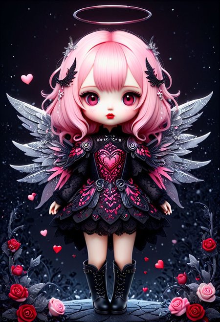 beautiful hyper detailed whimsical 35 k ultra realistic hyper detailed beautiful dark chibi fairy, hyper detailed perfecteyes, shadow woman red lips graphic, dark intricate wings on back, black lace dress, black boots, in the style of Charlie Bowater, nicoletta ceccoli , dark  Whimsical, Detailed Fantasy, black lace Background pattern with tiny  3d red and pink hearts, Glitter, White Thorns, Muted Colors, Explosion, Intricate Extremely Detailed, Hyperdetailed, style of monica lee, Hgonzag, Camilla d'Errico Diego Gisbert,Winter wonder land art art, Masterpiece, trending on artstation, featured on pixiv, cinematic composition, 8K