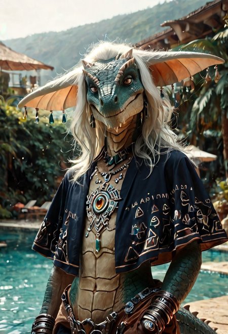 score_9, score_8_up, score_8, score_7_up, rauru totk, anthro, scalie, 1boy, solo, zonai, white hair, dark fur, athletic,  sexy pose, smug, cinematic, photorealistic, hyperrealism, real life, hi res, extreme detail, masterpiece, best quality