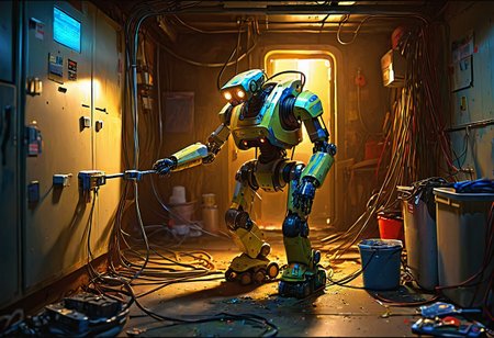 Intelligent (robot) (cleaning with a big toothbrush), (Disgusting dusty) multi-GPU server rig, in the dark basement,  maintenance creep, digital painting, masterpiece, artstation, contrast, speedpainting, james gourney, WLOP, terminal