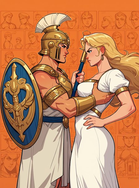 score_9, score_8_up, score_7_up, Athena,  Corinthian helmet, gold accents, shield, spear, 1girl, bullypxl, comic wallpaper, <lora:bullypxl:0.8>, orange background, greek goddess, 2d, outline, blonde hair, amazon, white armor, white dress