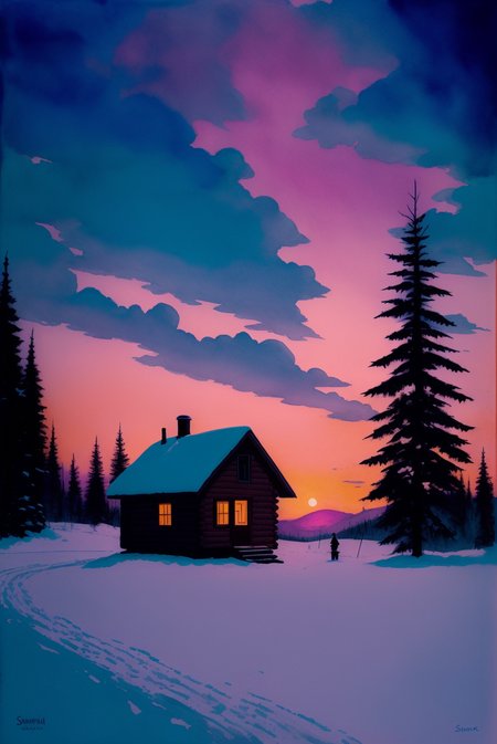 winter, small cabin, pink sunset, nightsky,
(watercolor:0.7),(by shawn coss, by jeff lemire, by alex maleev:1.1), dramatic, intricate, very detailed, side lighting