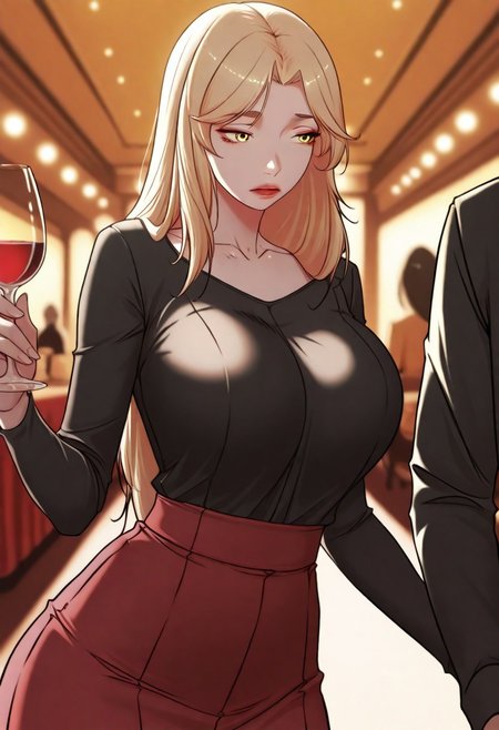 masterpiece, best quality, amazing quality, very aesthetic, absurdres,, Wide Shot, Vanishing Point,
sehwa, 1girl, blonde hair, long hair, large breasts, yellow eyes, parted bangs,
outfit1, black shirt, collarbone, long sleeves, red skirt, colorful, selfless, looking away, shadowy lighting, cinematic atmosphere, high contrast, blurry background, dinner, elegant occasion, holding a glass of wine