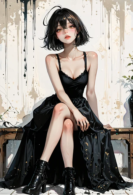 masterpiece, best quality, amazing quality, 1girl, solo, breasts, looking at viewer, short hair, black hair, dress, hair between eyes, cleavage, bare shoulders, sitting, medium breasts, brown eyes, collarbone, full body, ahoge, parted lips, boots, sleeveless, black footwear, black dress, high heels, bare arms, sleeveless dress, hair intakes, crossed legs, long dress, Karinami Inkblush mode,thick ink outlines,soft marker gradients,era 2020s indie illustration,Inkblush style, grunge_anime_aesthetic
<lora:DetailedEyes_V3:1> <lora:USNR_STYLE_ILL_V1_lokr3:0.45> usnr <lora:ponyv6_noobV1_2_adamW:0.9> <lora:GENESIS_MK0.2:0.5>  <lora:KoreanStyleSDXLvpred10:1> AiKoreanStyle, lips, korean, asian <lora:KRGRL-IL:1>