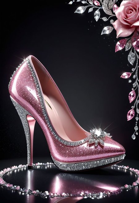 (best quality, 8K, high resolution, masterpiece), ultra detailed, (3D CGI), a beautiful women's heeled shoe, trendy and fashionable, adorned with glitter and diamonds, stylized pink, silver and black, on a black background, advertising campaign, winning photo,